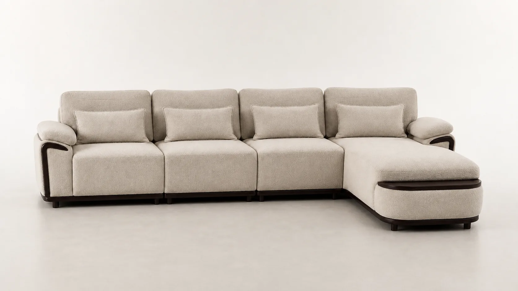 Taupe boucle sectional sofa with curved wood arm accents.