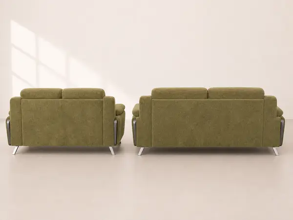 Olive green textured sofa pair – back view