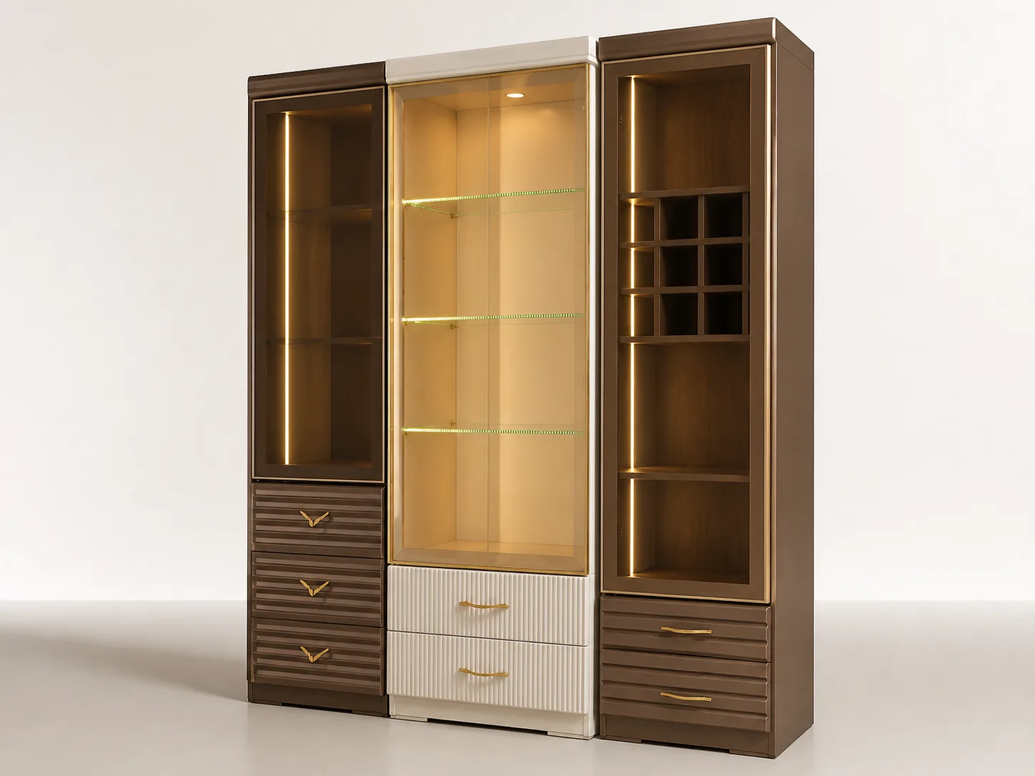 Mocha lacquer cabinet with gold trim and built-in wine rack