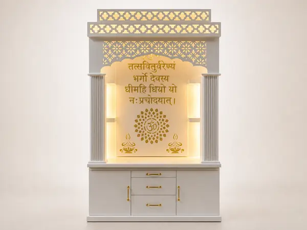 Cream backlit mandir unit with fluted pillars, front view