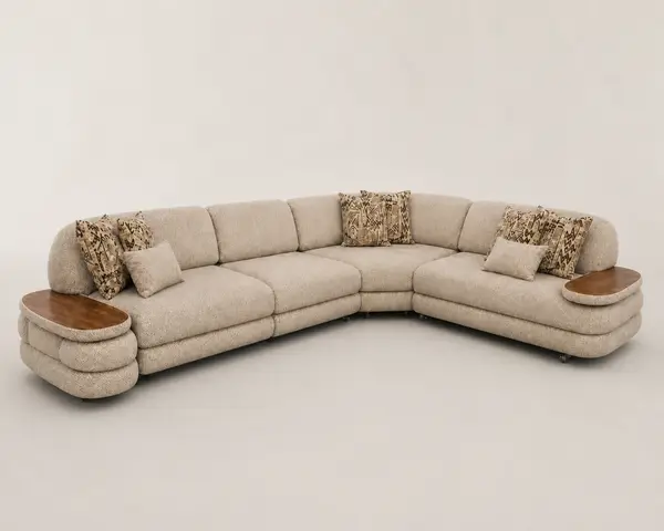 Beige jacquard sofa, three-quarter angle