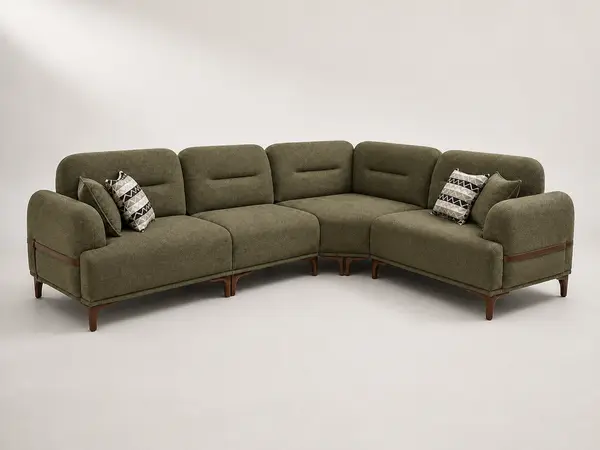 Olive green L-sofa, three-quarter angle