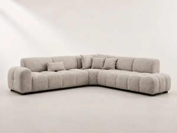 Light gray bubble-tufted L-sofa, front view