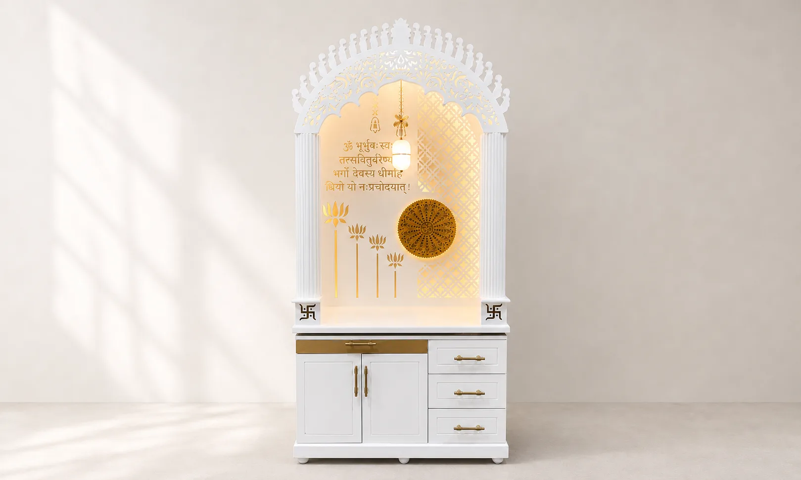 White arched jharokha mandir unit with backlit Gayatri mantra panel and gold sunburst medallion.