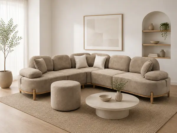 Beige curved sectional styled in a living room setting