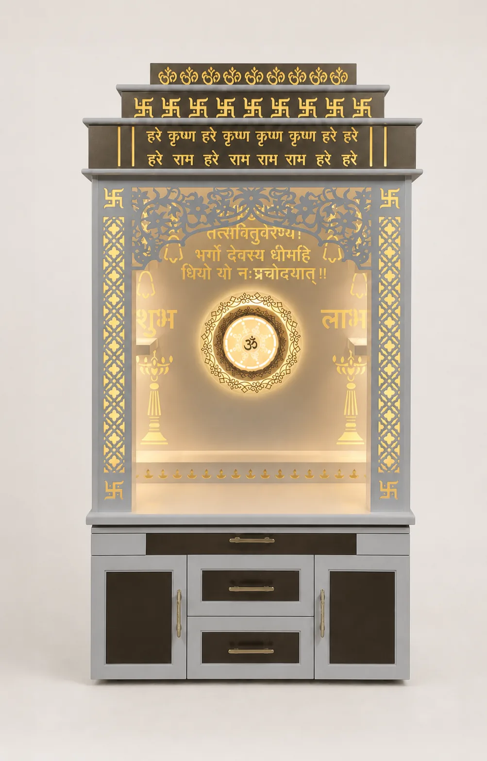 Taupe and grey tiered mandir unit with Hare Krishna mahamantra crown and backlit Om medallion.