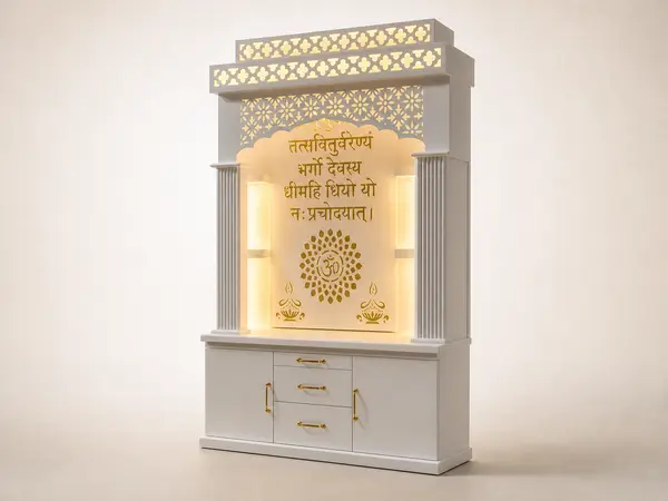 Cream backlit mandir unit, three-quarter angle