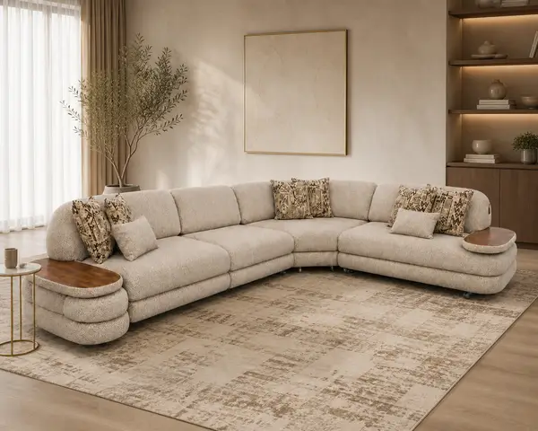 Beige jacquard sofa styled in a living room setting