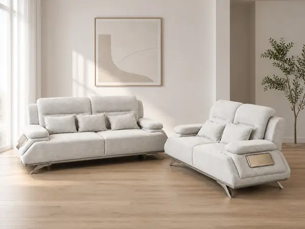 Light grey and silver 3+2 sofa set – styled in a living room setting