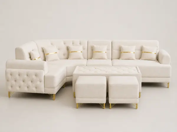 Off-white boucle L-sofa with diamond-tufted arms, front view