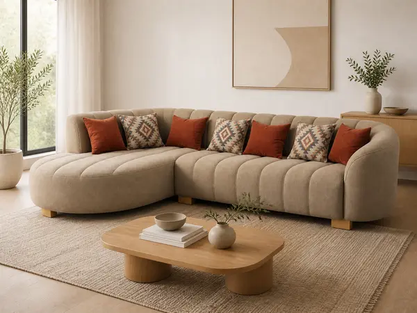 Taupe channel-tufted L-sofa styled in a living room setting