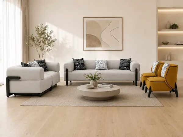 Grey woven 3+2 sofa set styled in a living room setting