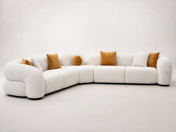 Off-white boucle curved sectional – front straight-on view