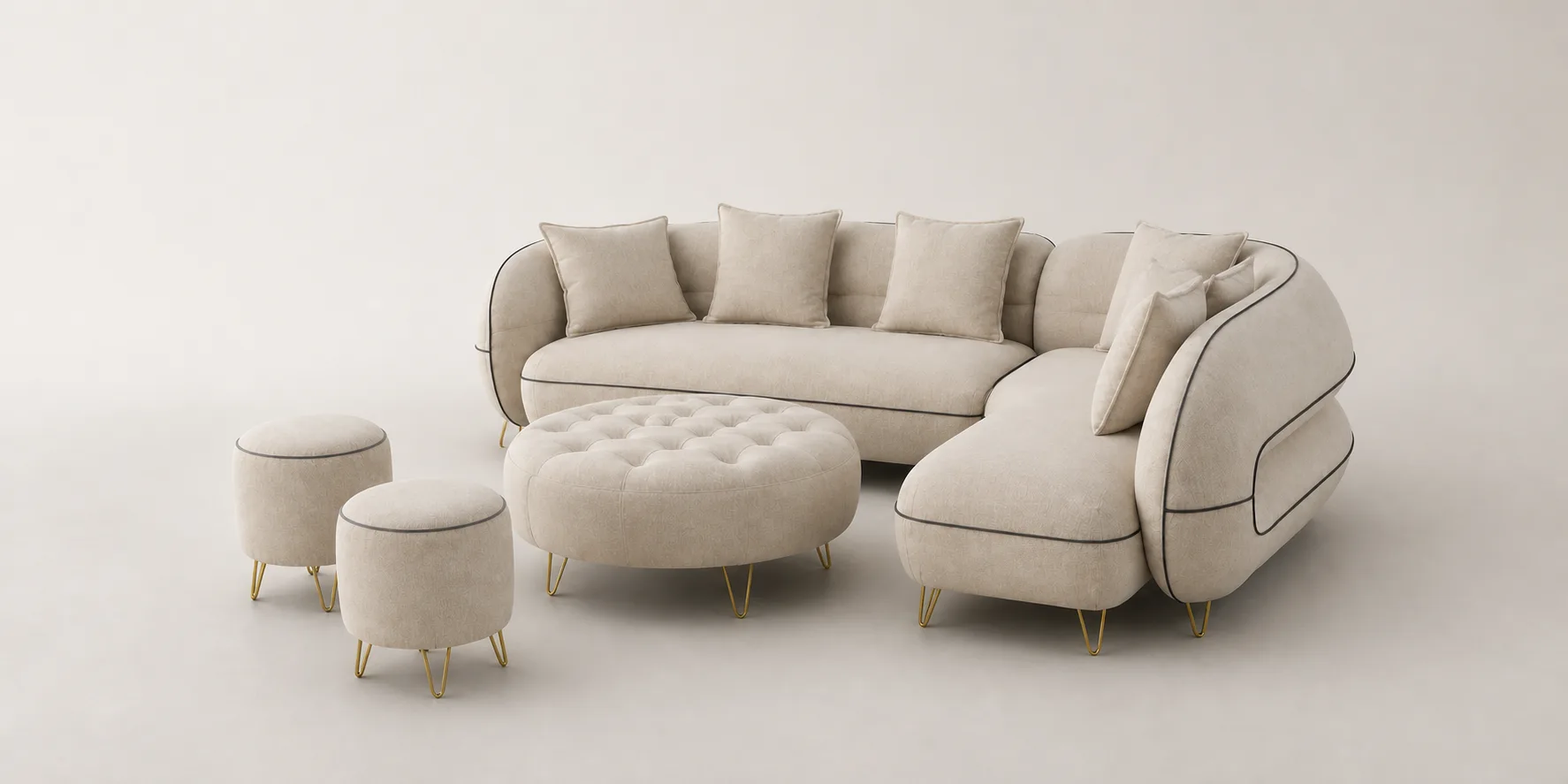 Off-white modular sofa set with curved chair, round ottoman, and gold legs.