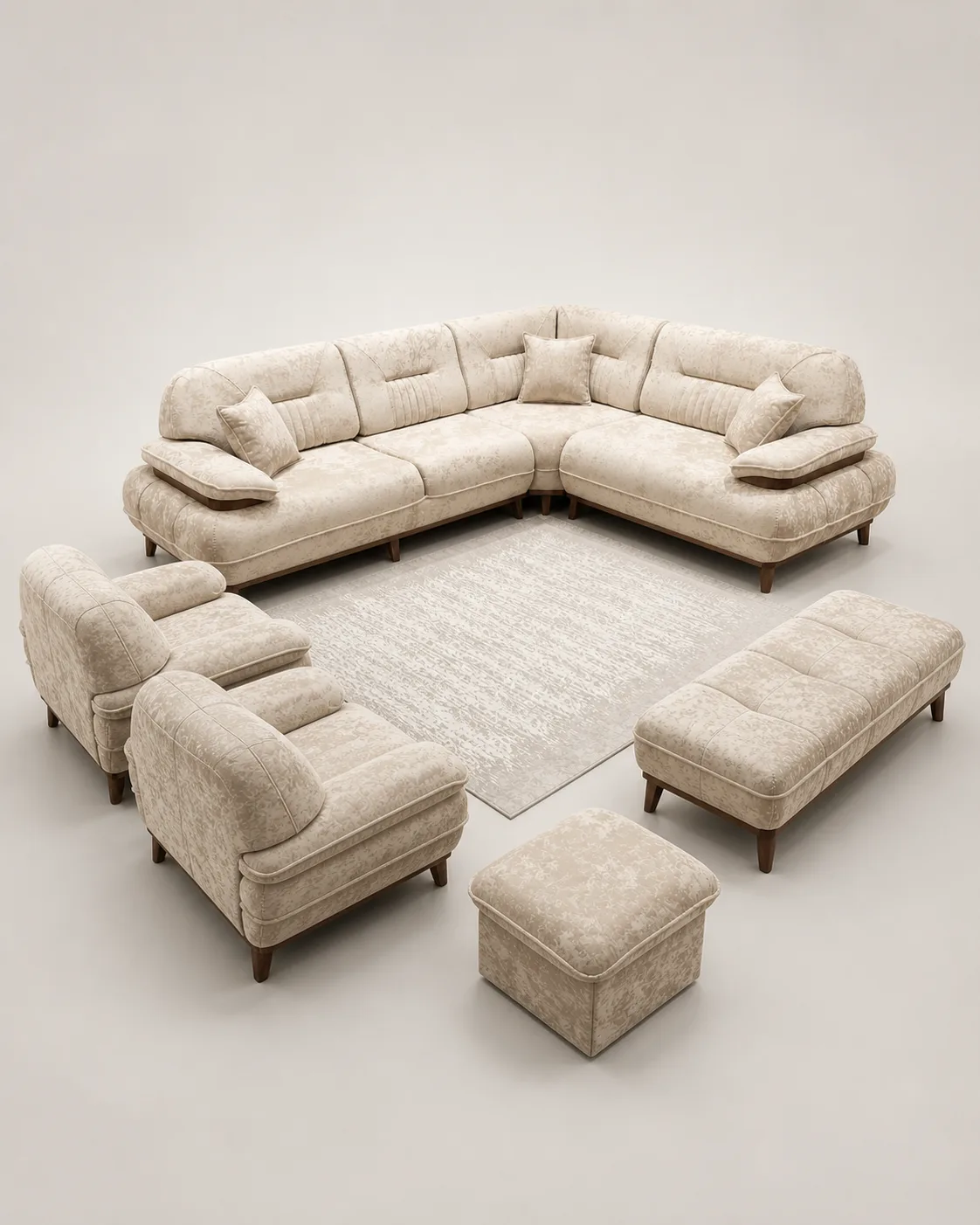 Off-white textured L-shaped sectional sofa with matching square ottoman.