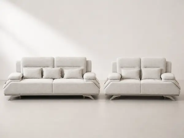 Light grey and silver 3+2 sofa set – front straight-on view
