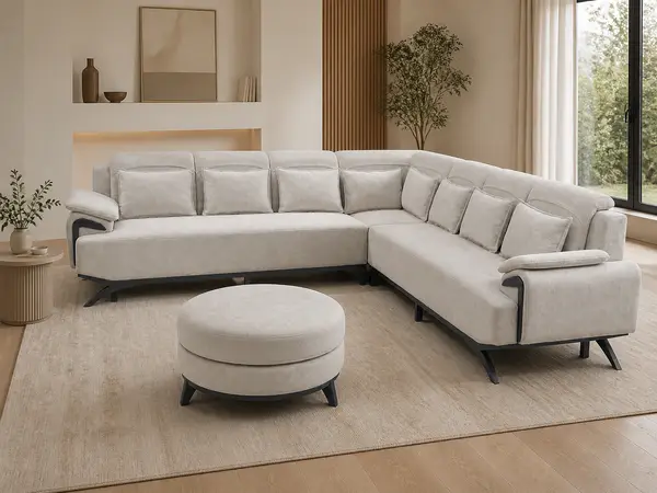 Cream sectional styled in a living room setting