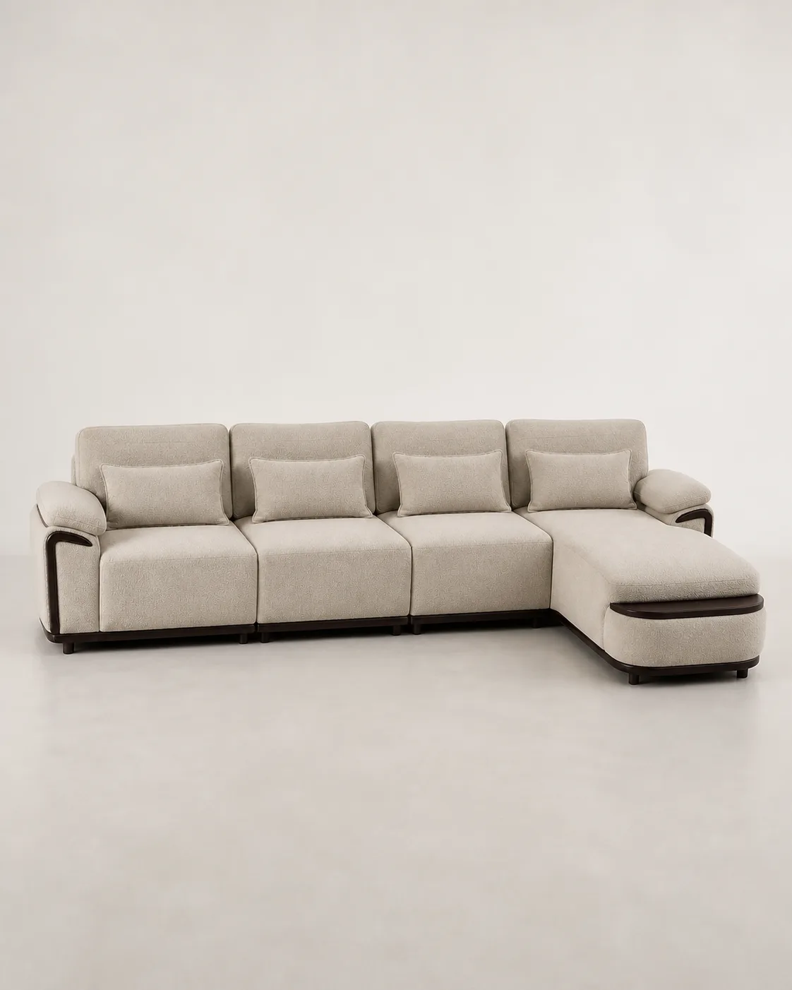 Taupe boucle sectional sofa with curved wood arm accents.