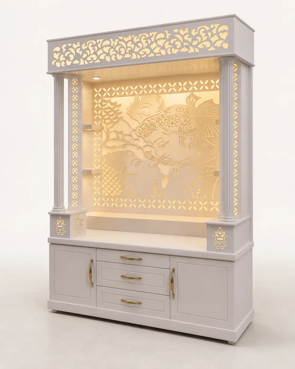 Light grey mandir unit with a wide backlit Radha-Krishna jaali panel and fretwork frieze.