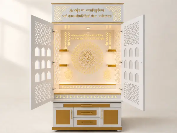 Open-door diamond lattice mandir unit, front view