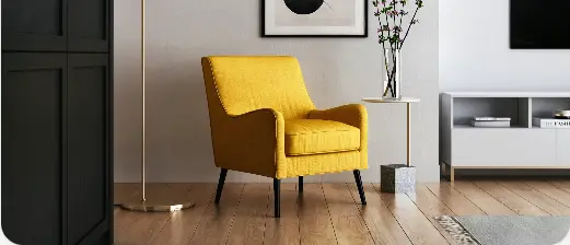 Yellow tufted accent chair in a modern living room