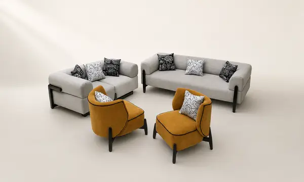Grey Woven Sofa Set with Mustard Chairs — image 10