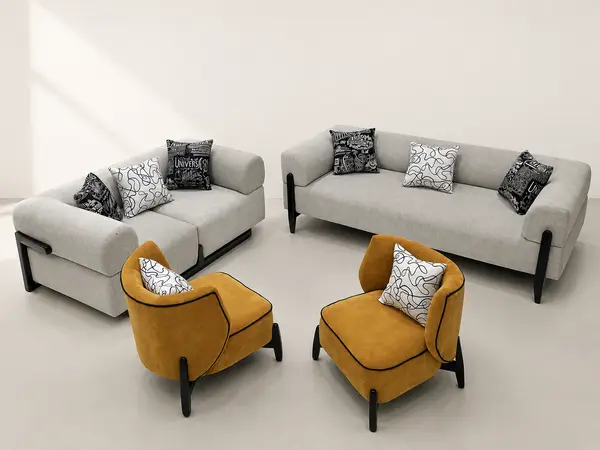 Grey Woven Sofa Set with Mustard Chairs — image 4