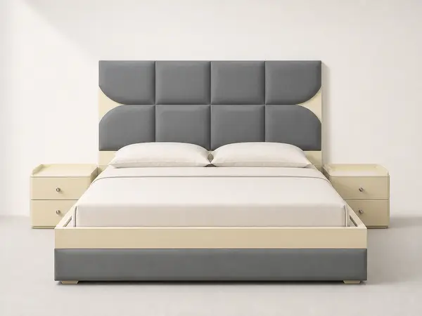 Gray Scalloped Square Tufted Bed — image 1
